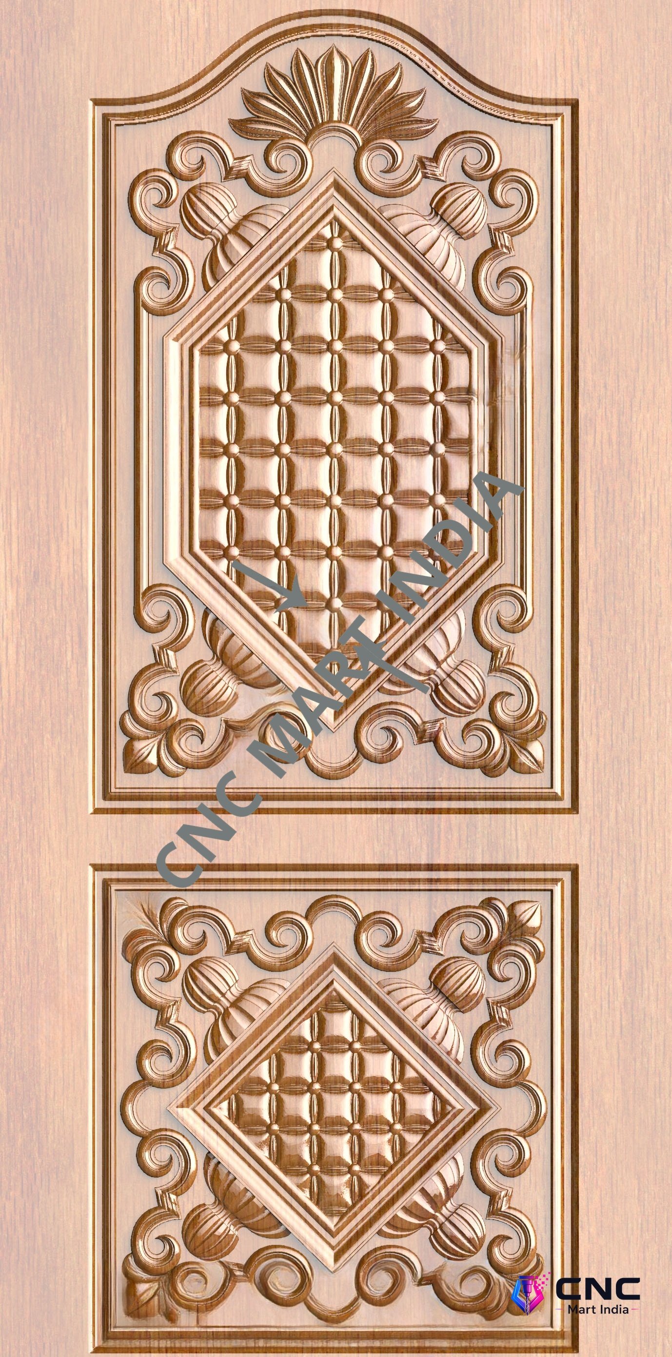 Arch - ARCH-14 Elegant Floral Motif Double-Panel Carved Wood Door 3D Model